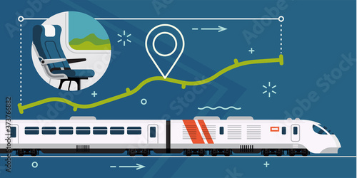 Vector concept illustration on express high speed train with abstract route with distance, location pin and passenger seat. Travel by train horizontal visual