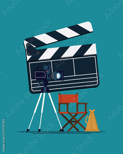 Cool vector concept design on movie producing, film direction, studio shooting stage items