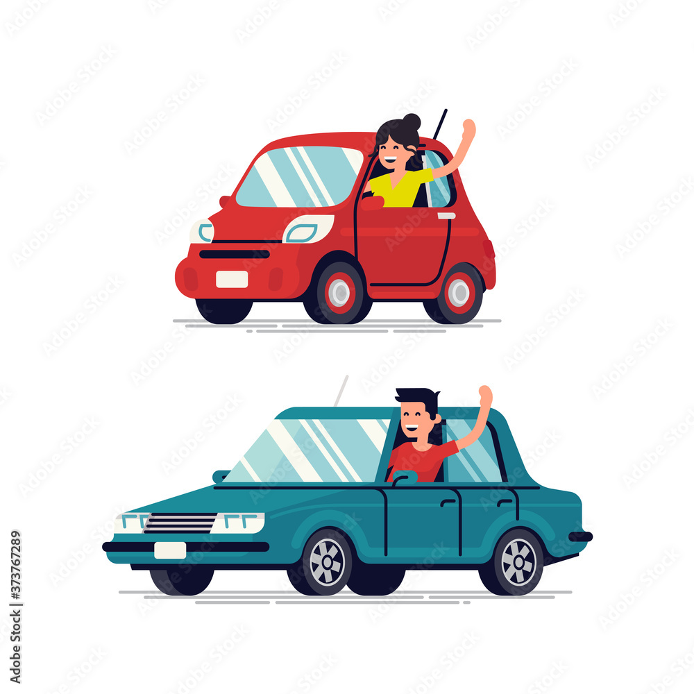 Happy people driving cars and waving hands. Cool flat vector male and female driver characters with cars looking out of windows smiling Happy people driving cars and waving hands. Cool flat vector male and female driver characters with cars looking out of windows smiling