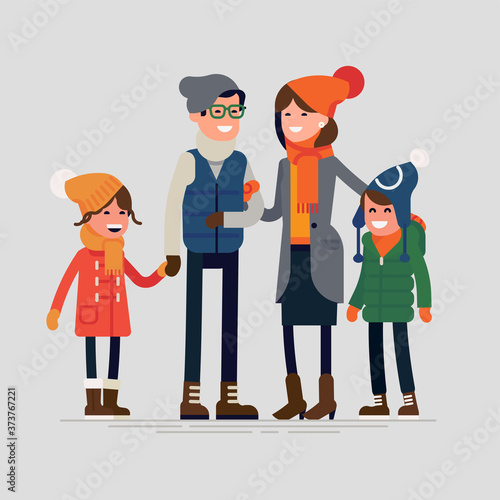 Happy family ready for winter season outdoors activity vector flat design illustration. Parents with children standing together holding each other wearing winter clothes