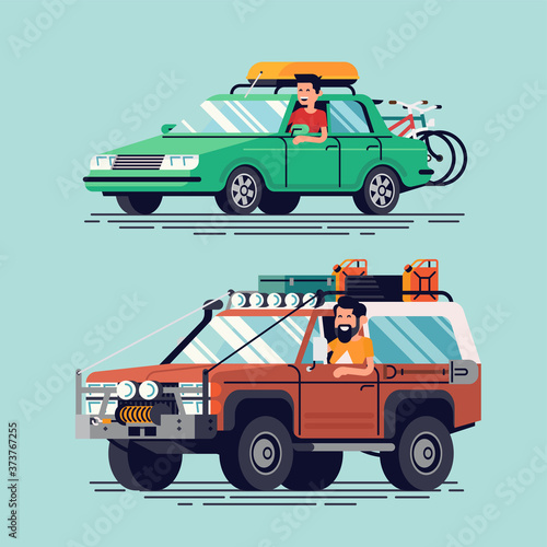 Vector travel cars with drivers. Sedan with luggage carrier and bicycles on rear rack, fully equipped off-road expedition SUV with happy male driver characters looking out of windows