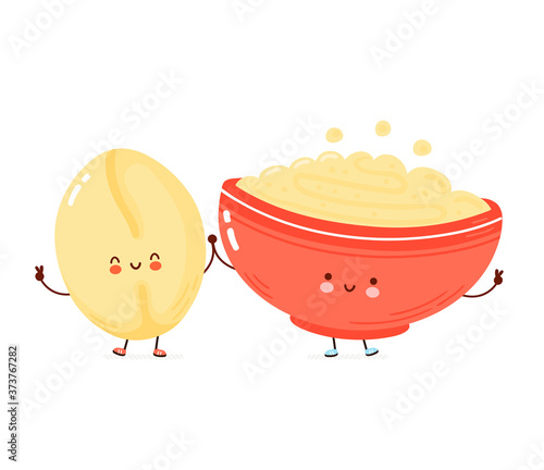 Cute happy bowl of oatmeal porridge and oat grain