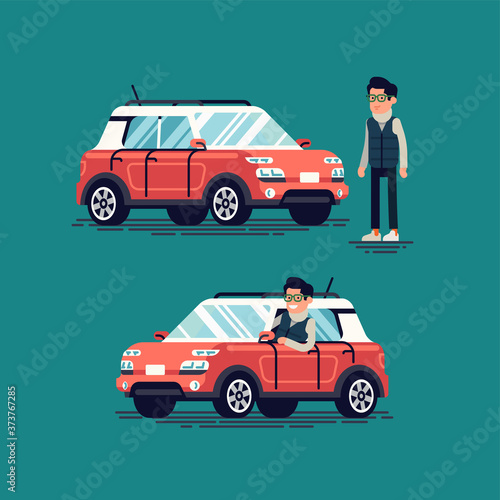 Cool vector character design on urban lifestyle driver with crossover car. Driver standing next to vehicle and looking out of the window while driving the car