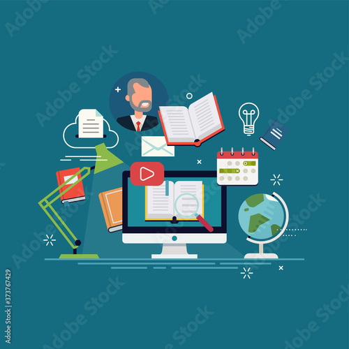 Cool vector concept illustration on e-learning, online courses, virtual classroom and other educational themed activity process