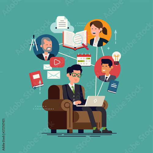 Cool vector flat design illustration on e-learning, online education, virtual classroom or internet courses with education themed elements and characters