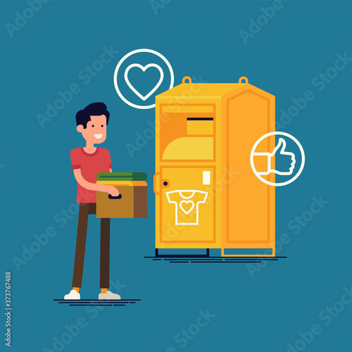 Cool flat vector illustration on charity clothes donation with clothing bin or container and confident man holding cardboard box with old used clothes ready to be donated or recycled