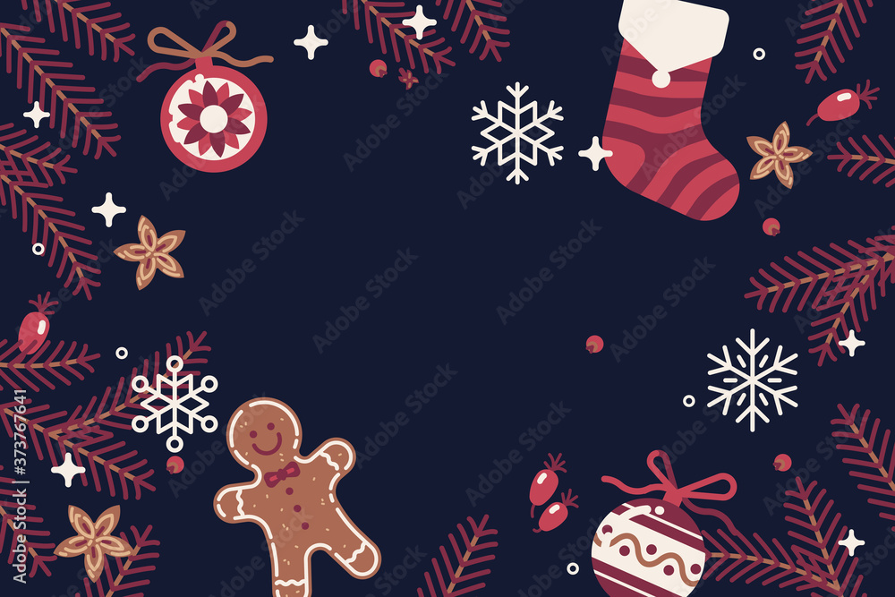 Naklejka premium Vector horizontal background on Winter holidays season with Christmas traditional ornaments and decoration