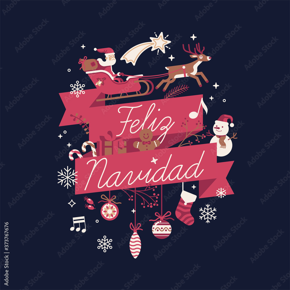 Lovely vector Xmas decorative composition with Merry Christmas greeting written in Spanish featuring Santa, snowman, gingerbread man and other traditional winter holiday ornaments