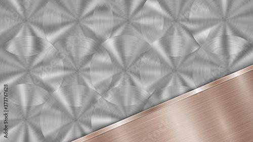 Background consisting of a silver shiny metallic surface and one polished bronze plate located in corner, with a metal texture, glares and burnished edge