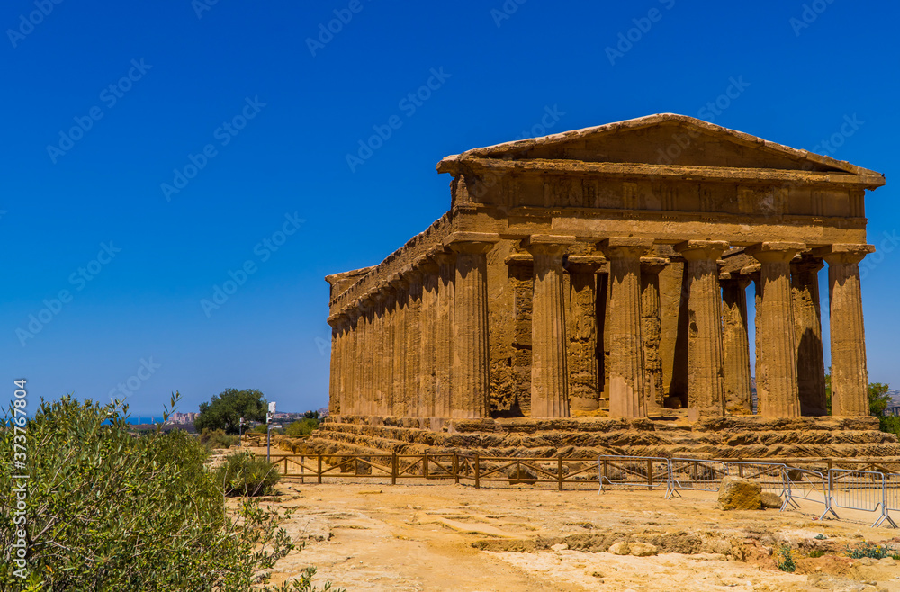 View of the Greek Temple of Concordia in the Valley of Temples near Agrigento, Sicily, Italy