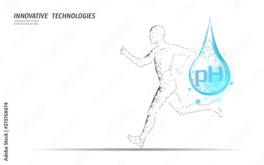 Water aqua pH jogger rehydration concept. Health care against dehydration isotonic electrolytes drink. Runner sportsman low poly 3D vector illustration