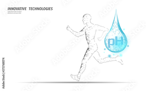 Water aqua pH jogger rehydration concept. Health care against dehydration isotonic electrolytes drink. Runner sportsman low poly 3D vector illustration