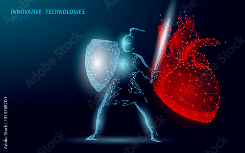 Human heart protection knight shield 3D low poly concept. Safety red pharmacy drugstore background. Supplement recovery reconstruction vector illustration