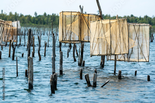 Africa, Madagascar, Lake Ampitabe. Fishing traps are elevated along the shallow channel of Lake Ampitabe. photo