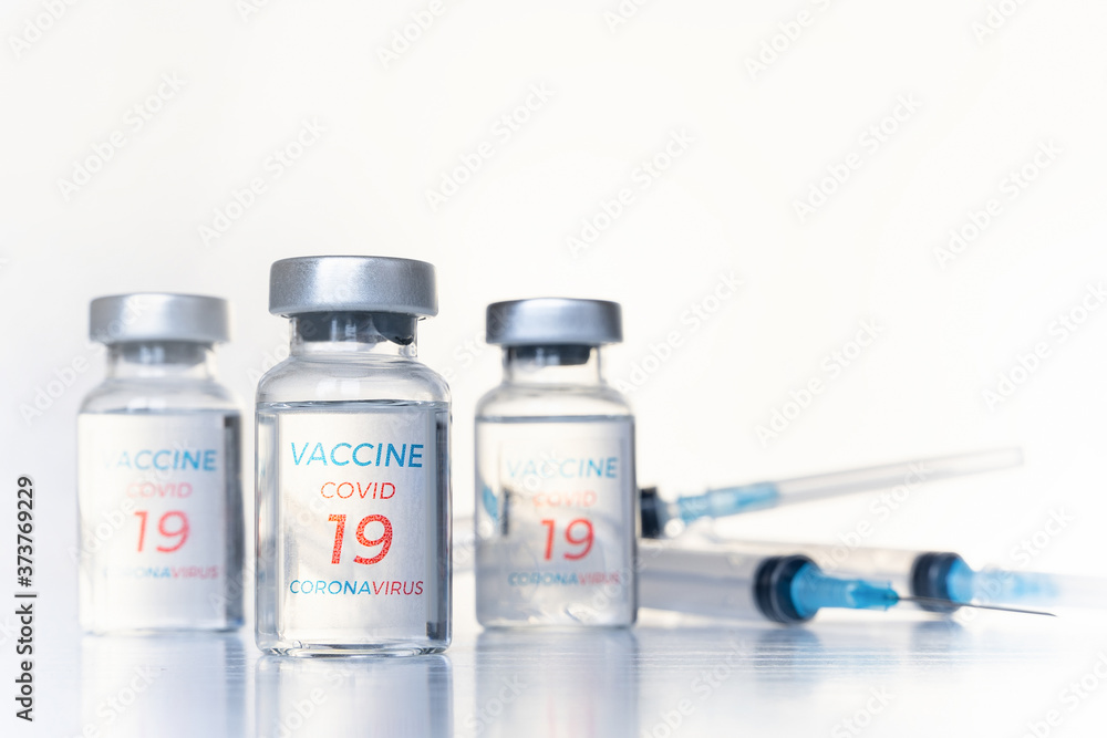 Transparent vials, syringes with new vaccine for covid-19 coronavirus, flu, infectious diseases. Injection after clinical trials for vaccination of human, child, adult, senior. Medicine, drug concept