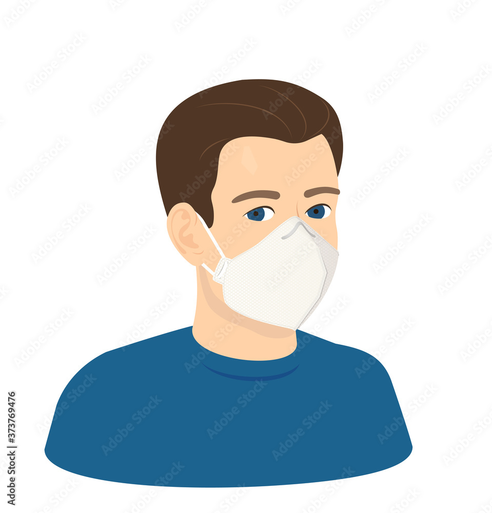 Young european white man wearing mask against the corona virus covid 19 white guy in respirator, three-quarter portrait