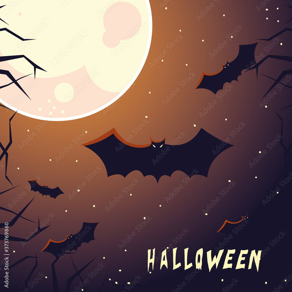 halloween card with full moon and bats