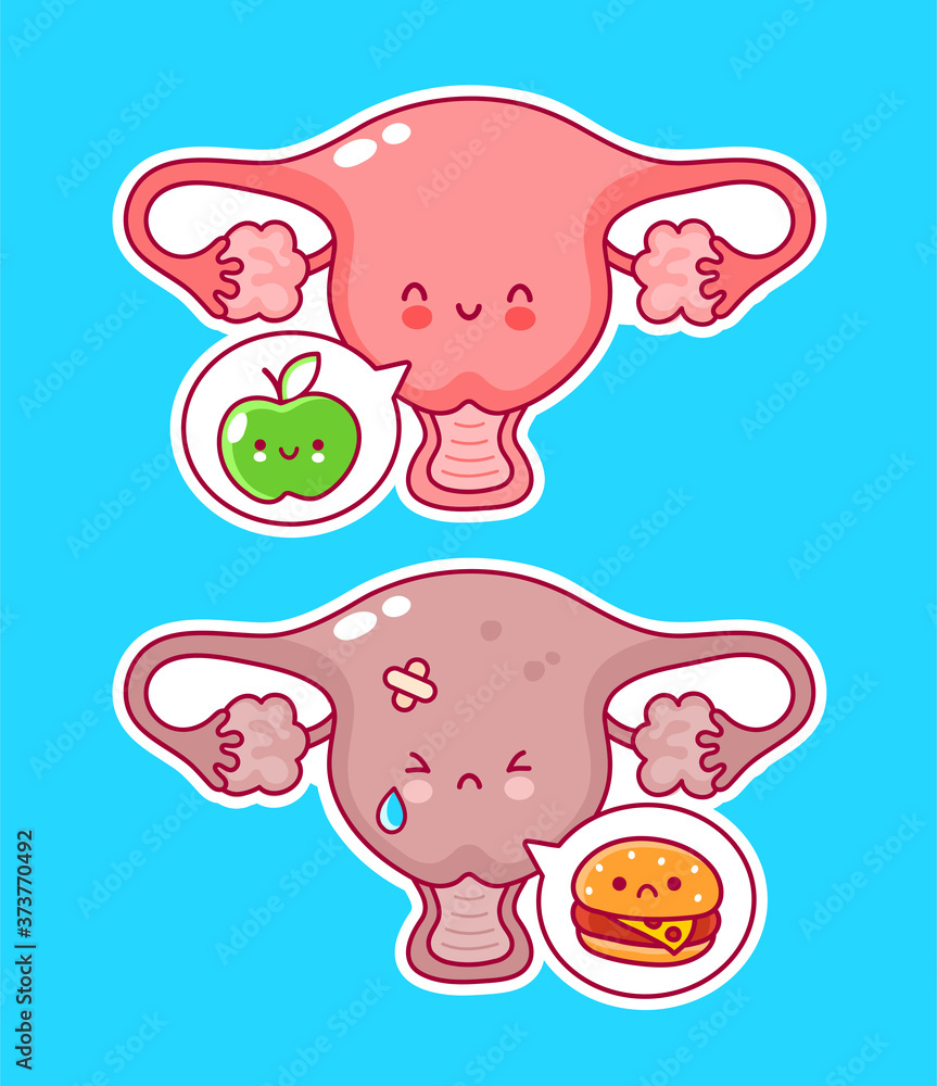 Cute woman uterus organ with apple and burger Cute woman uterus organ with apple and burger