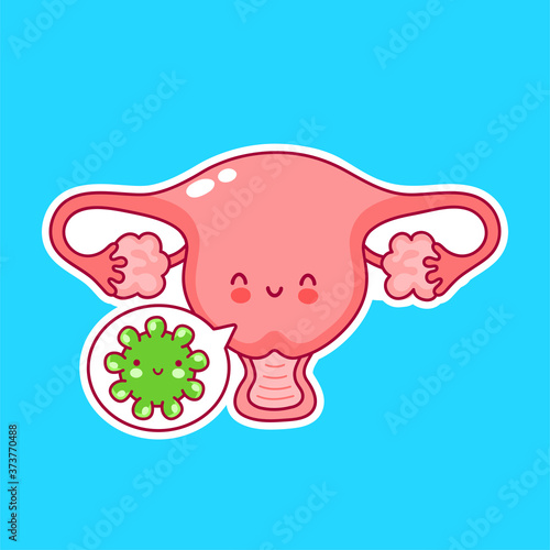 Cute happy woman uterus organ with menstrual blood