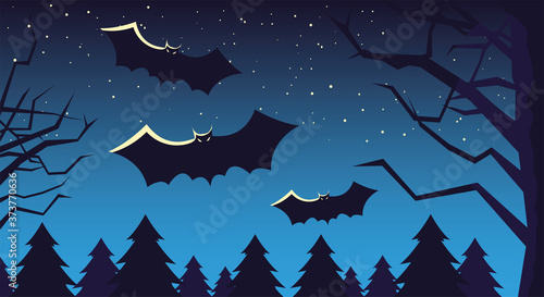 halloween card with full moon and bats in the dark night