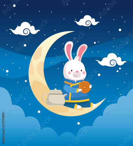 mid autumn card with rabbit in crescent moon scene