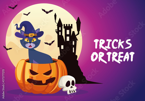 halloween tricks or treat lettering with castle and little cat in pumpkin