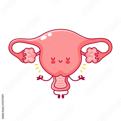 Cute happy funny woman uterus organ meditate