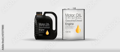 Bottle engine oil Canister of engine motor oil, full synthetic clinging molecules protection. Vector illustration with realistic canister and motor oil splashes on bright background. Bottle engine oil
