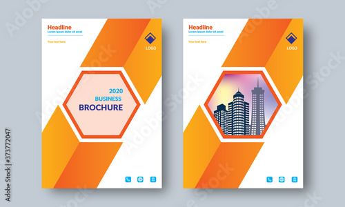 Brochure cover design layout  for business and construction. Abstract geometry with colored city scape vector illustration on background. Good for annual report, industrial catalog design.