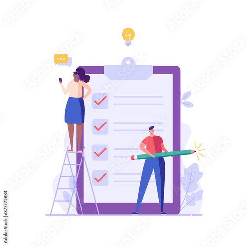Business people mark on the to-do list with giant pencil. Concept of notes, online exam, checklist. Online survey form with characters. Flat vector illustration for UI, web banner, mobile app