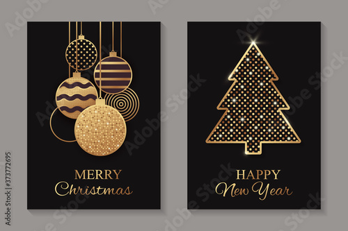 Merry Christmas or Happy New Year greeting card templates with golden glittering balls and fir-tree on a black background.