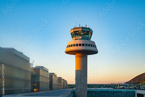 The control tower of El Prat-Barcelona airport. This airport was inaugurated in 1963. photo