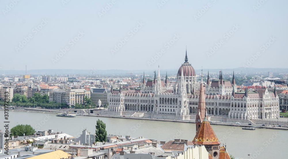 Panorama view of the Hungarian parliament building in Budapest