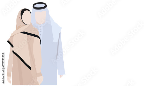 Vector stock illustration of a Muslim family man and woman. With space for text. Traditional Muslim clothing of Kuwait. Residents of the UAE. The banner of the Islamic countries.