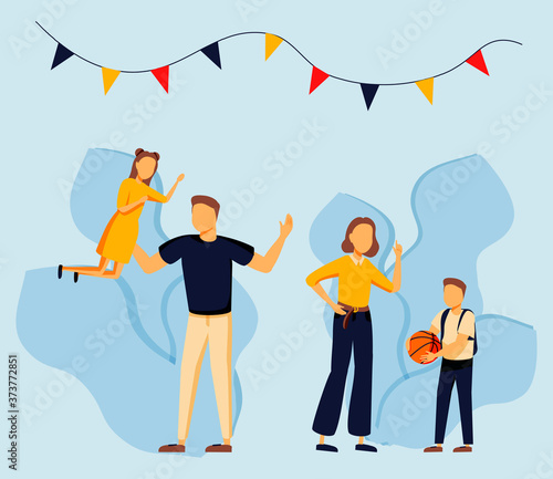 vector illustration of a happy family, mother father daughter son holding hands and hugging, complete prosperous family