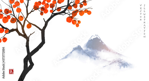 Persimmon tree with big orange fruits and distant blue mountains. Translation of Hieroglyph - life energy. Vector illustration in japanese style.