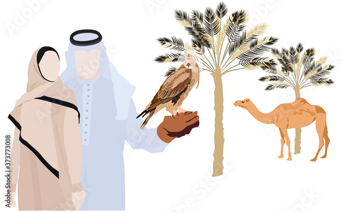 Vector stock illustration of a Muslim family man and woman. Traditional Muslim clothing of Kuwait. Residents of the UAE.  A camel among palm trees in the desert. Doha, Qatar.