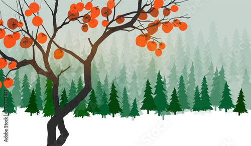 Persimmon tree with big orange fruits on winter trees backround. Vector illustration in japanese style