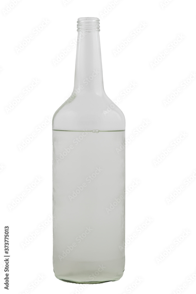 Liter transparent bottle with clear liquid on a white background. Liter transparent bottle with clear liquid on a white background.