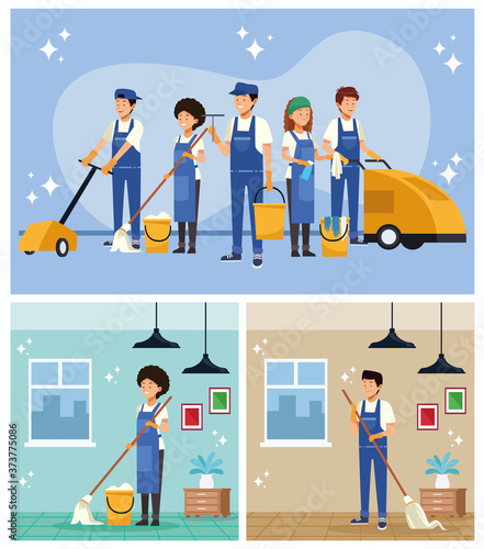 housekeeping team workers with equipment scenes