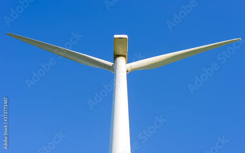 Low angle shot of a wind turbine in the Te Apiti wind farm in the Tararua hills near Ashurst photo