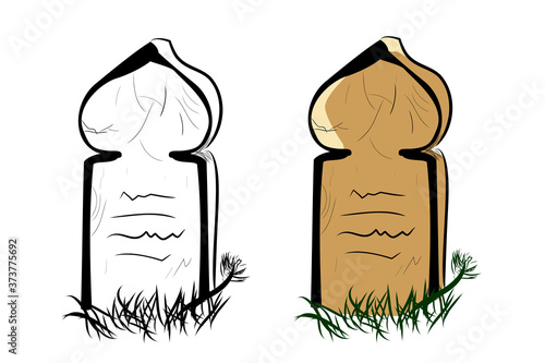 Simple Vector Doodle Hand Draw Sketch, Islam Wooden Grave and grass, Isolated on White
