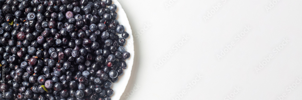 Blue delicious blueberries in a white plate on a white background top view Blue delicious blueberries in a white plate on a white background top view