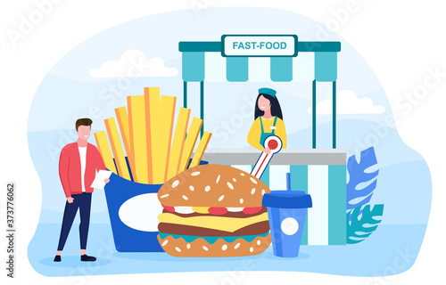 Inspector assessing the quality of fast food at a takeaway outlet with burger and chips, colored vector illustration