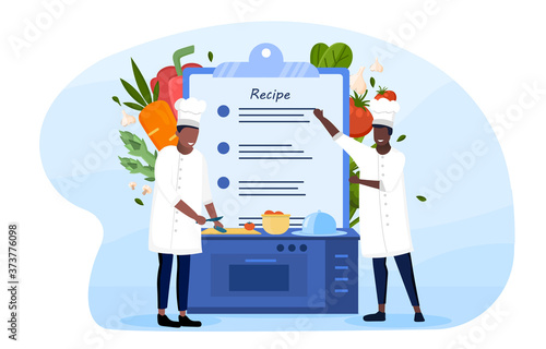 Two black chefs creating a new food recipe standing at a stove in front of fresh vegetables, colored vector illustration