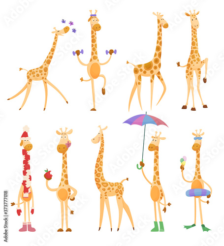 Funny giraffes. Giraffes in a cartoon style, is isolated on white background.Trendy design little kids giraffes. Collection In different poses
