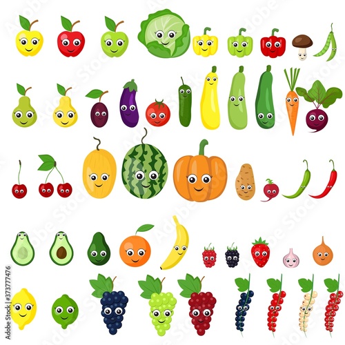
Set of fruits, vegetables, berries in a flat style with cartoon eyes  isolated on a white background. Healthy lifestyle, vegetarianism.
 Stock vector illustration for decoration and design.