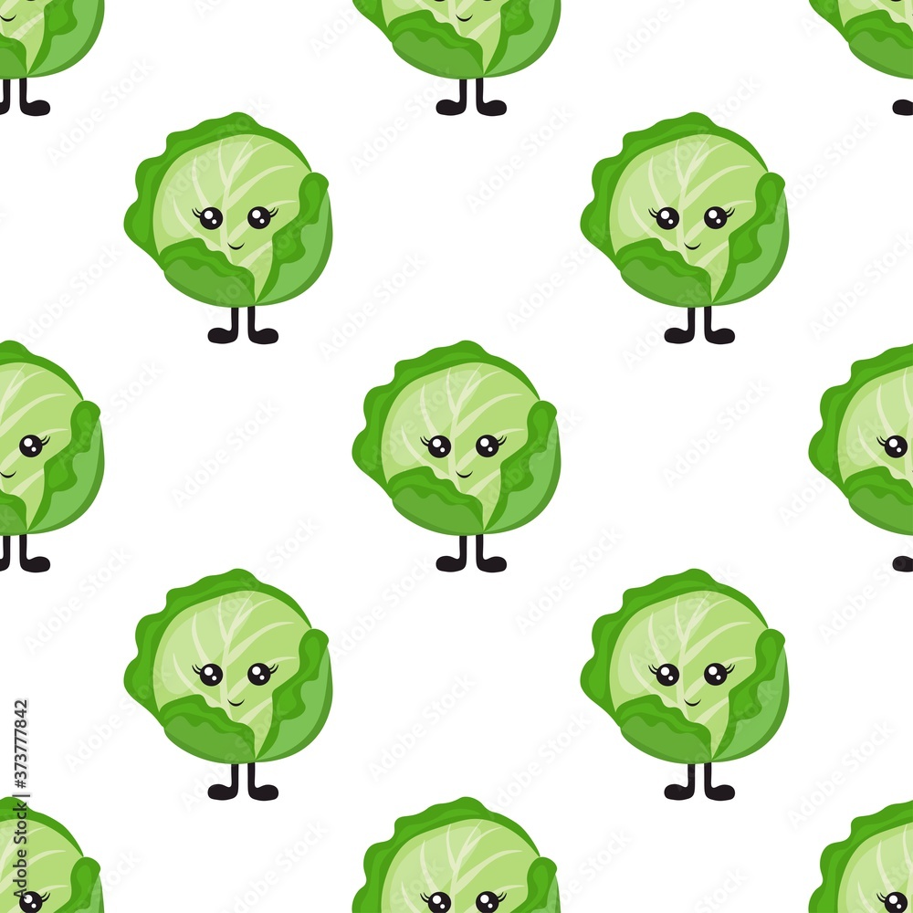 Obraz premium Seamless pattern with bright green cabbage with eyes and legs on a white background. Print for bed linen and fabrics, wrapping paper and wallpaper. Stock vector illustration for decoration, design