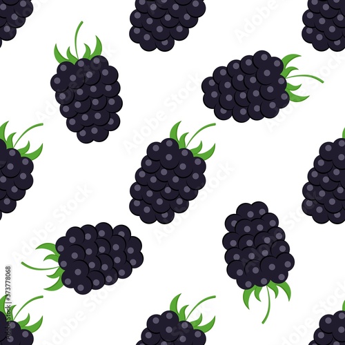  Seamless pattern with bright and juicy blackberries on a white background. Print for bed linen and fabrics, wrapping paper and wallpaper. Stock vector illustration for decoration and design.
