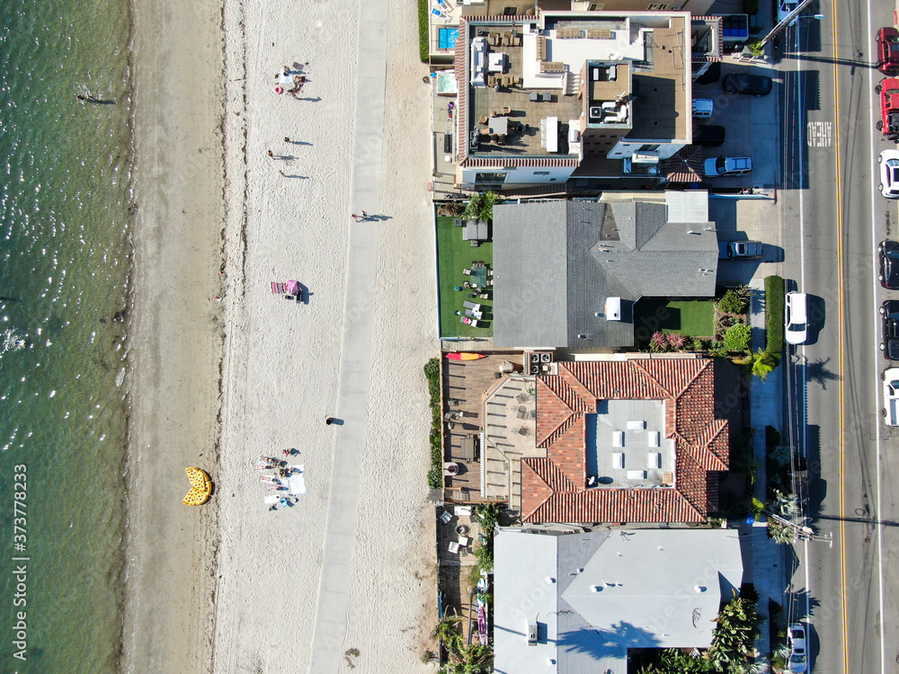 Aerial view of Mission Bay and Beaches with big wealthy villa in San Diego, California. USA. Californian beach-lifestyle.